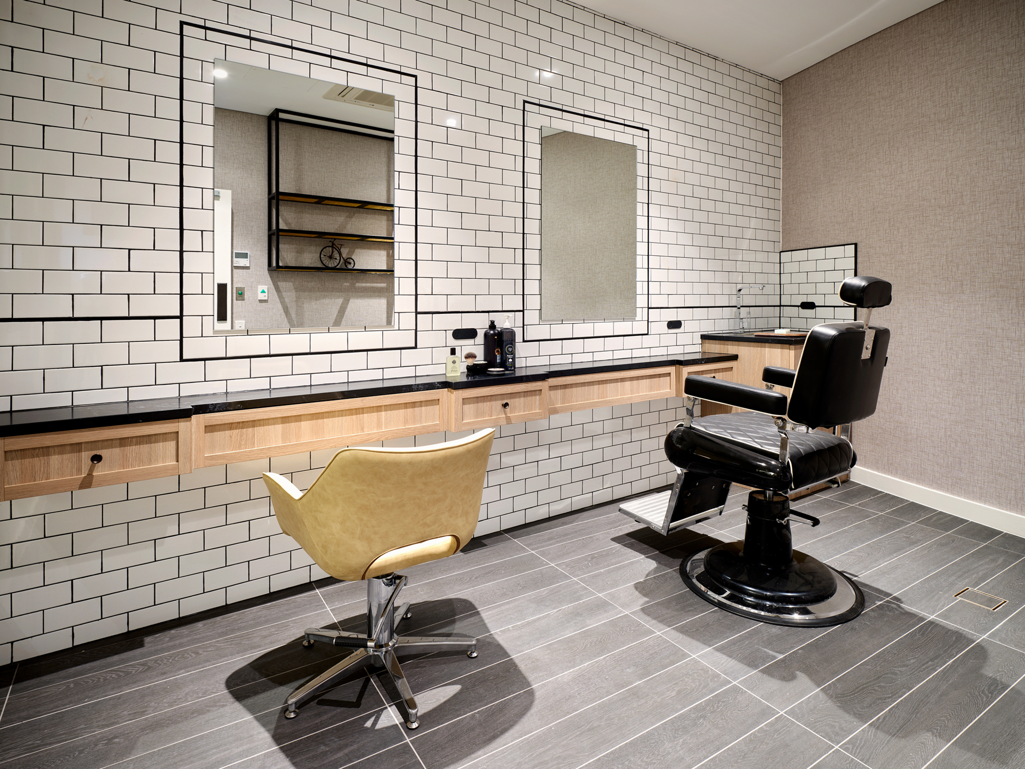 Greenwich Place barber shop chairs and mirrors